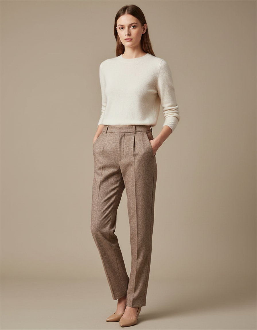 Pantalon Chino Marron Droit Élégant Texturé Femme - Tweed