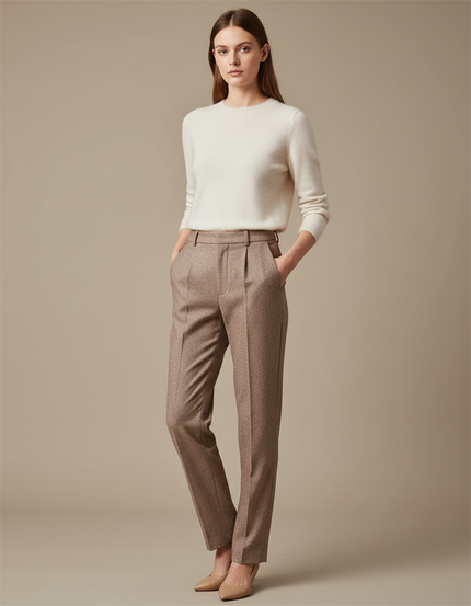 Pantalon Chino Marron Droit Élégant Texturé Femme - Tweed