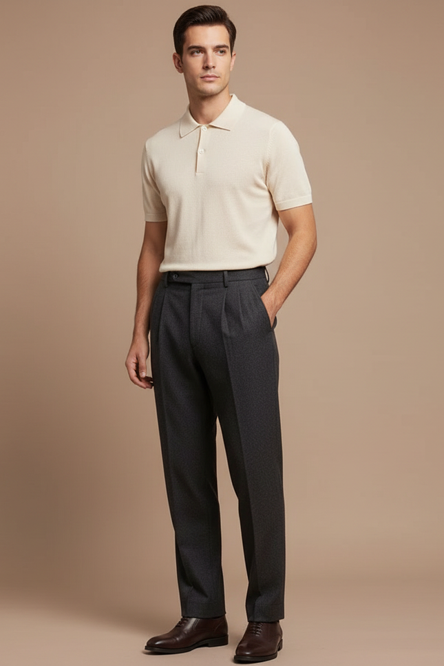 Pantalon Chino Gris Plissé Droit Élégant Homme - Laine