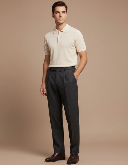 Pantalon Chino Gris Plissé Droit Élégant Homme - Laine