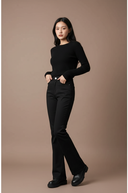 Pantalon Chino Noir Évasé Taille Haute Élégant - Gabardine