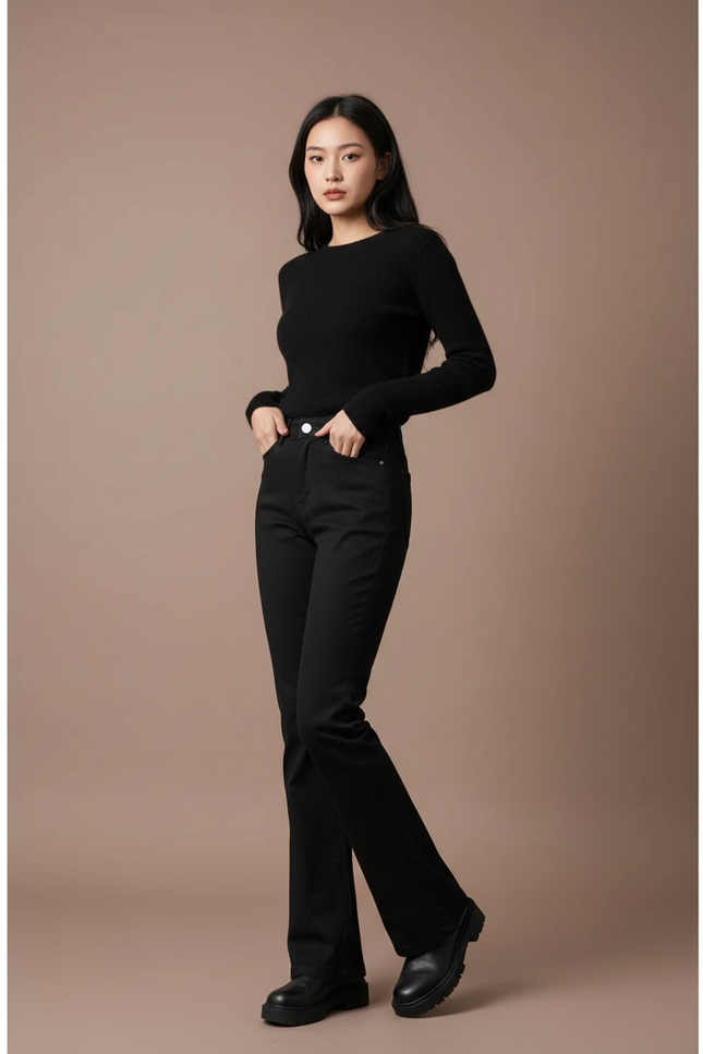 Pantalon Chino Noir Évasé Taille Haute Élégant - Gabardine