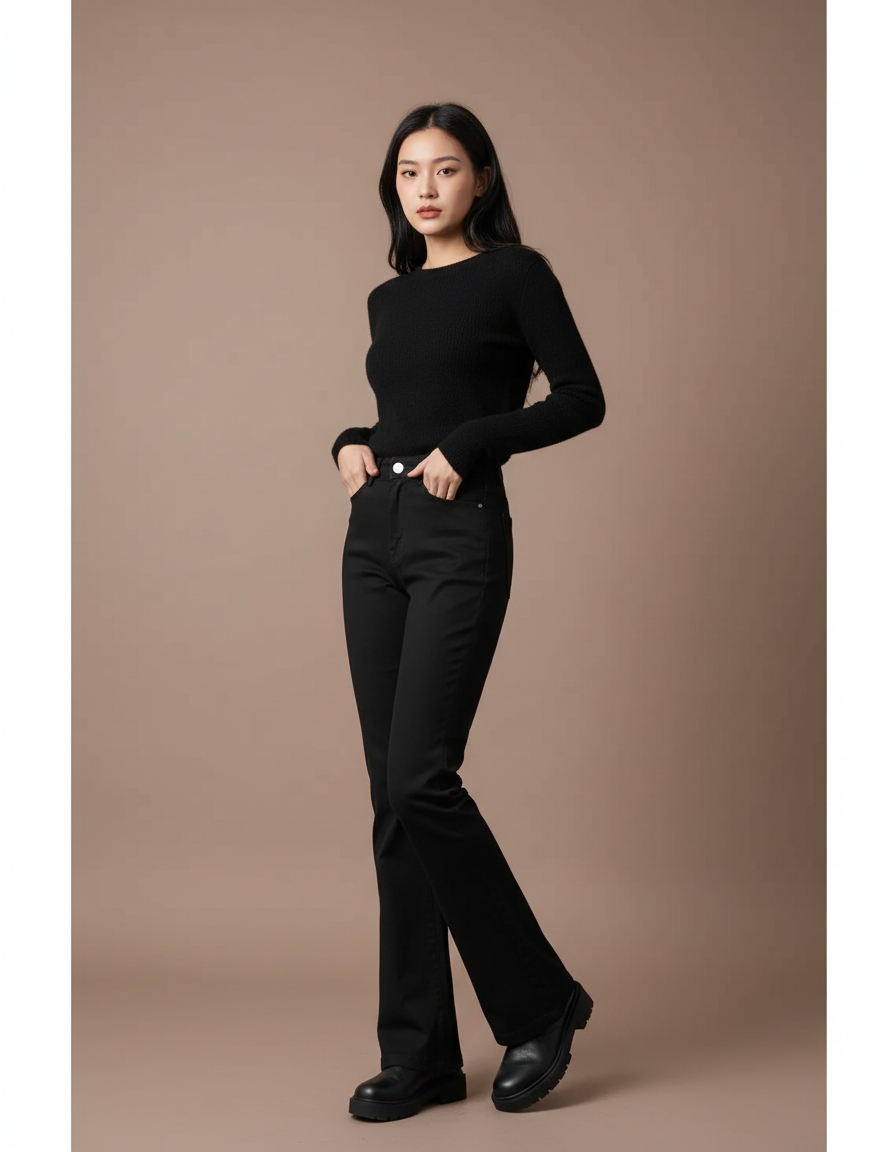 Pantalon Chino Noir Évasé Taille Haute Élégant - Gabardine