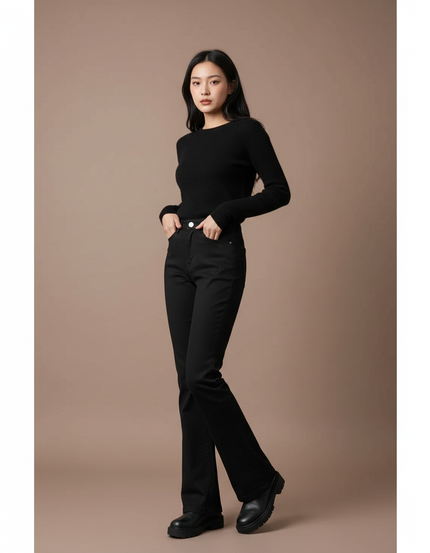 Pantalon Chino Noir Évasé Taille Haute Élégant - Gabardine