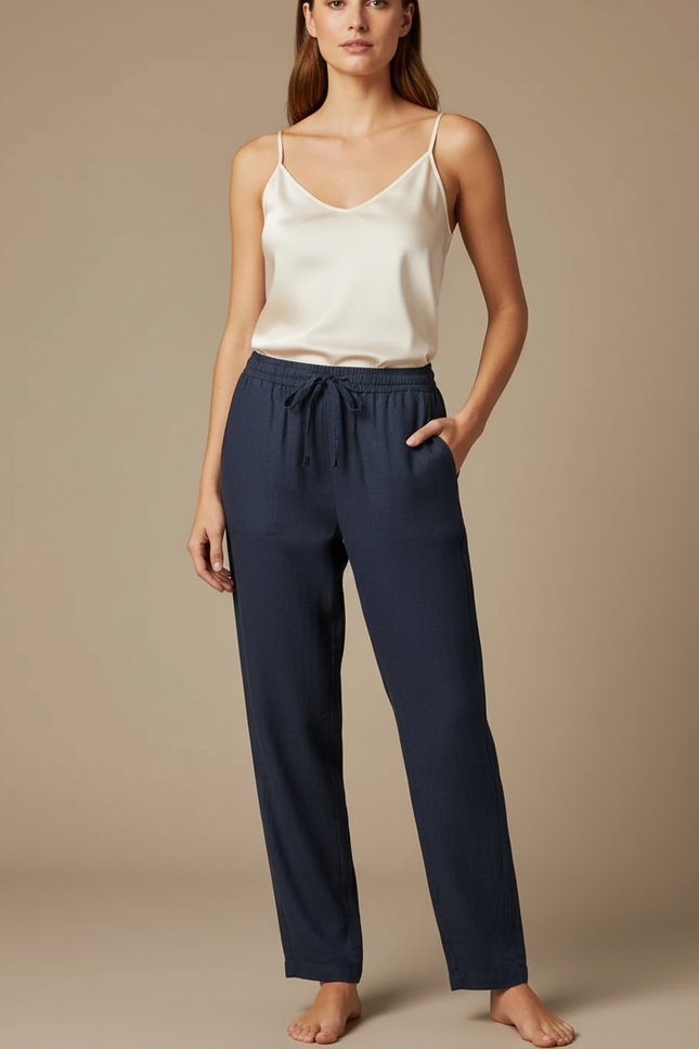 Pantalon Chino Bleu Marine Fluide Cordon Femme - Lin