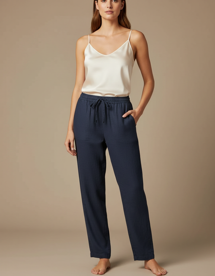 Pantalon Chino Bleu Marine Fluide Cordon Femme - Lin