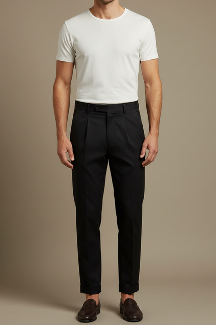 Pantalon Chino Noir Plissé Coupe Droite Élégant Homme - Gabardine