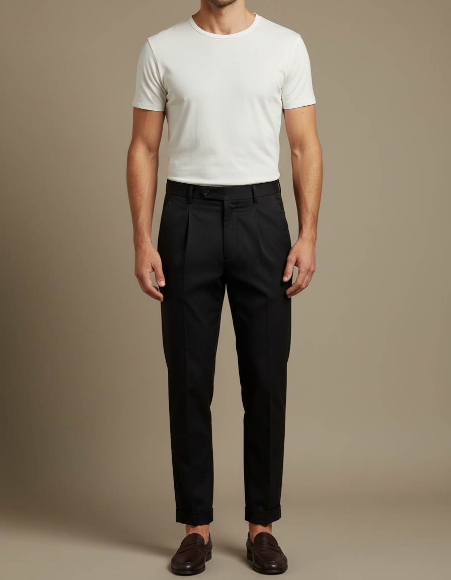 Pantalon Chino Noir Plissé Coupe Droite Élégant Homme - Gabardine