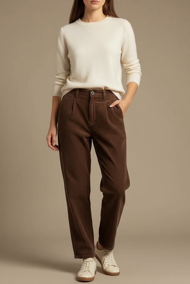 Pantalon Chino Velours Côtelé Marron Ample Femme Élégant - Cordé