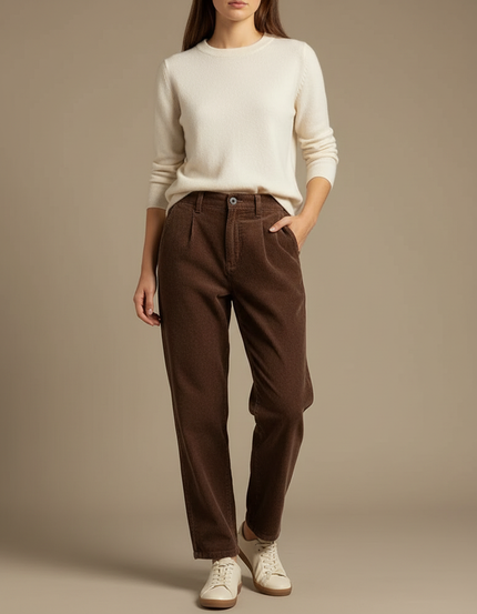 Pantalon Chino Velours Côtelé Marron Ample Femme Élégant - Cordé