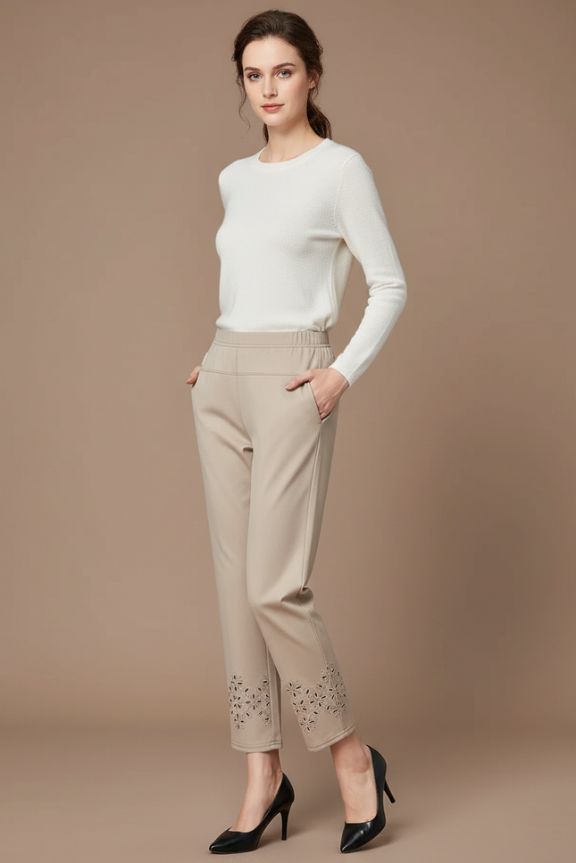 Pantalon Chino Beige Taille Haute Brodé Cheville Femme - Gabardine