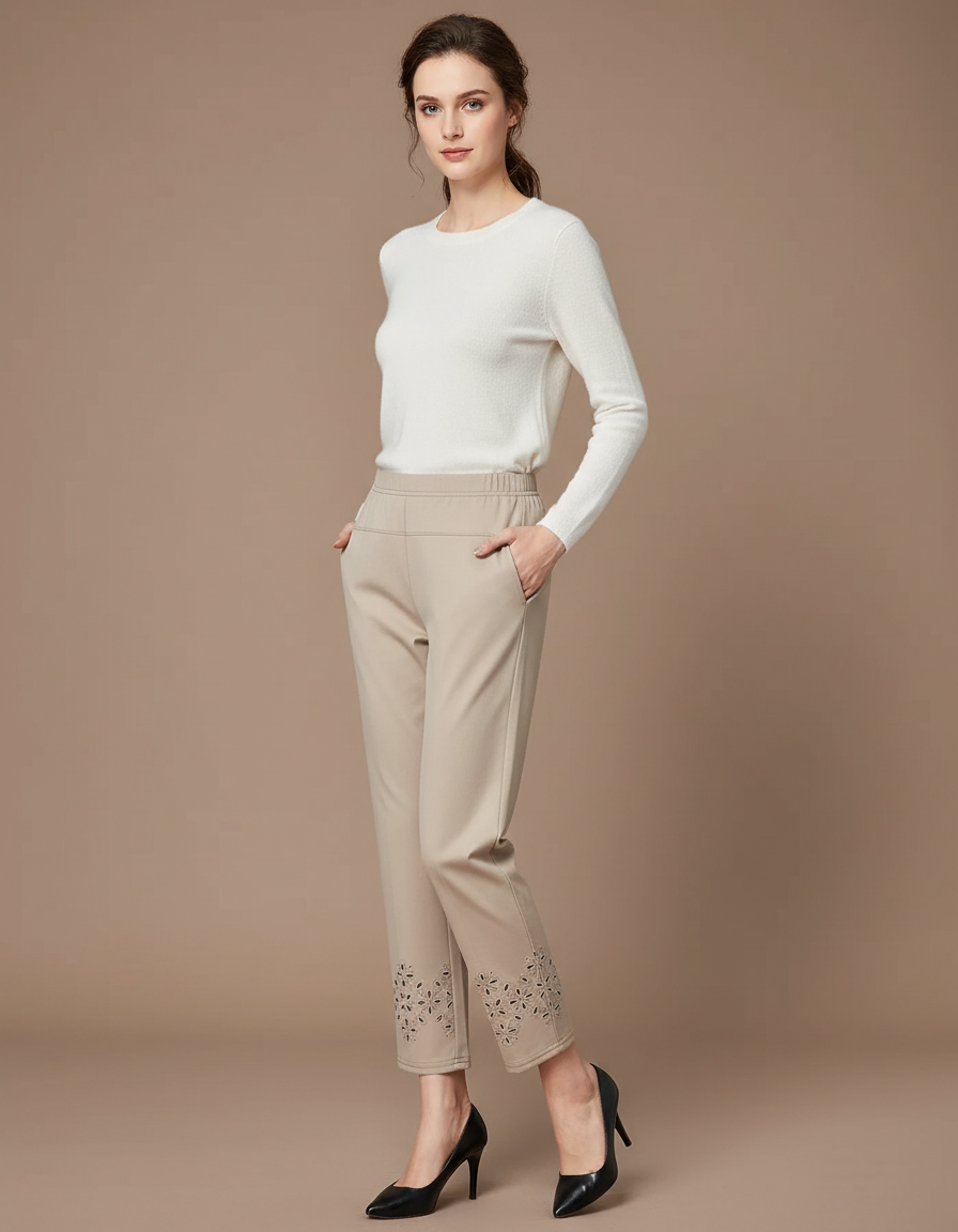 Pantalon Chino Beige Taille Haute Brodé Cheville Femme - Gabardine