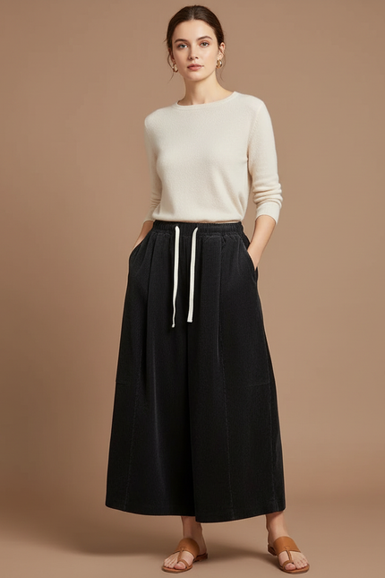 Pantalon Chino Noir Côtelé Ample Cordon Femme - Cordé