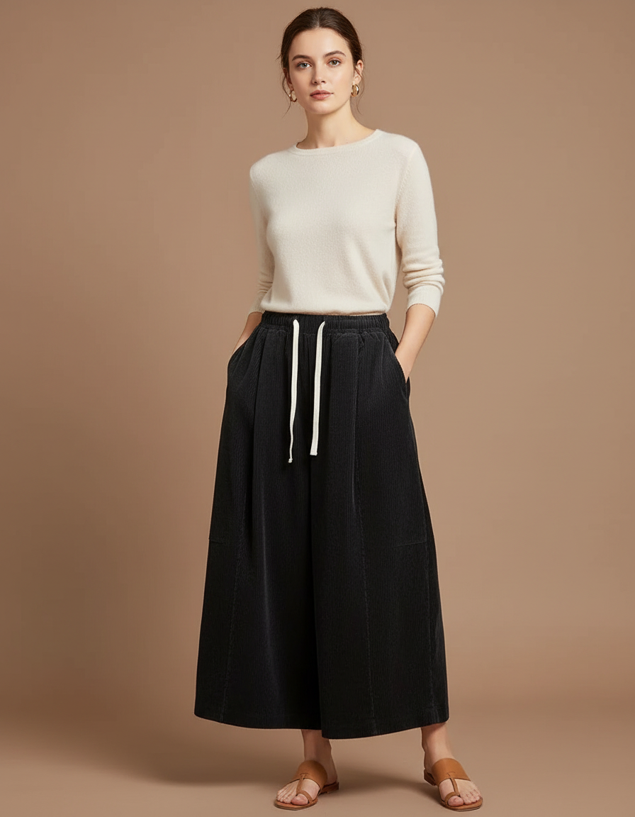 Pantalon Chino Noir Côtelé Ample Cordon Femme - Cordé
