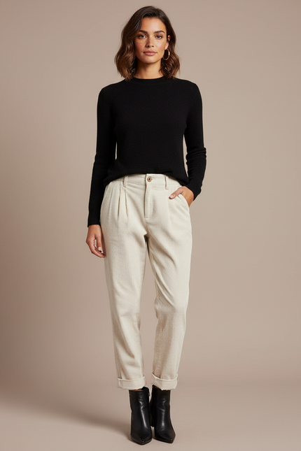 Pantalon Chino Velours Femme - Beige Cordé