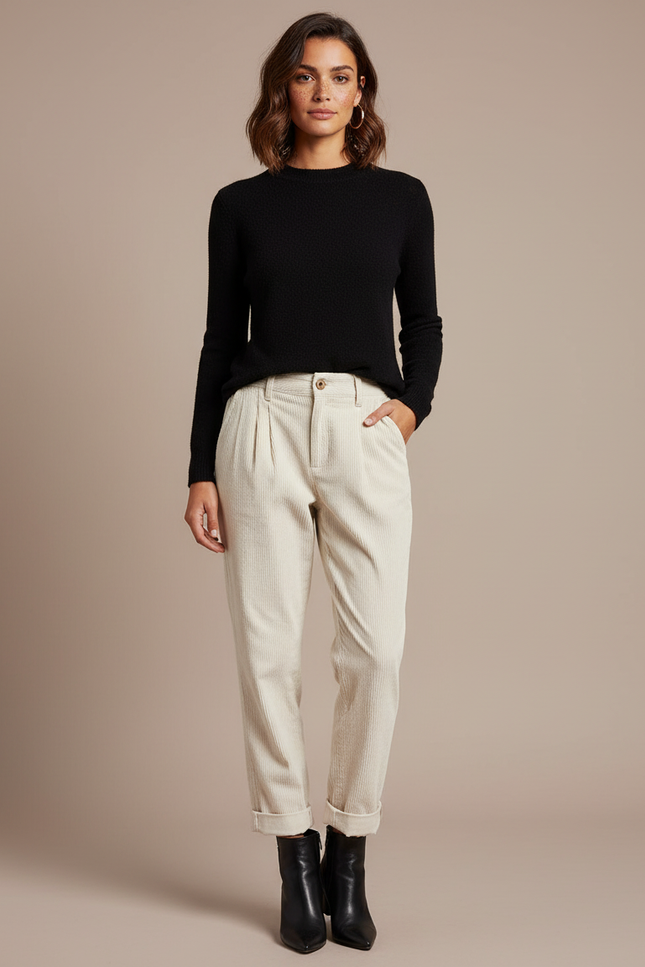 Pantalon Chino Velours Femme - Beige Cordé