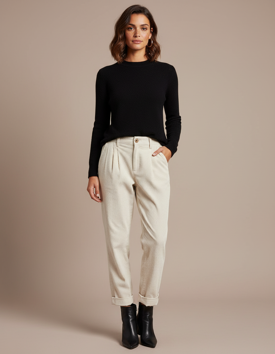 Pantalon Chino Velours Femme - Beige Cordé