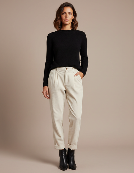 Pantalon Chino Velours Femme - Beige Cordé