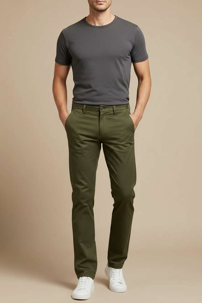 Pantalon Chino Vert Olive Coton Slim Homme Décontracté - Kaki