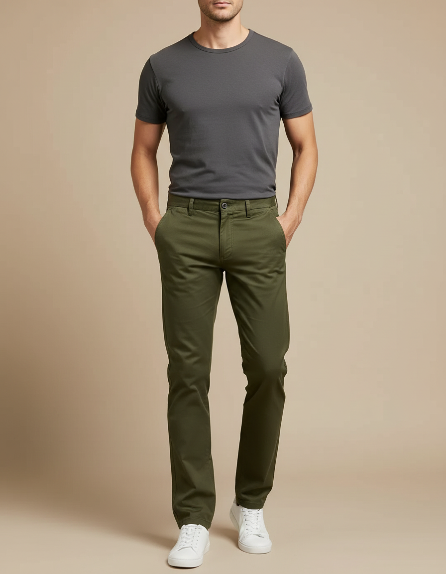 Pantalon Chino Vert Olive Coton Slim Homme Décontracté - Kaki