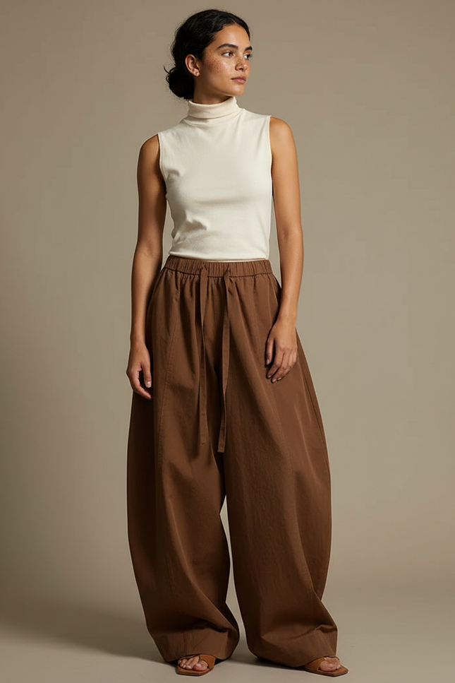 Pantalon Chino Marron Ample Taille Haute Fluide - Gabardine