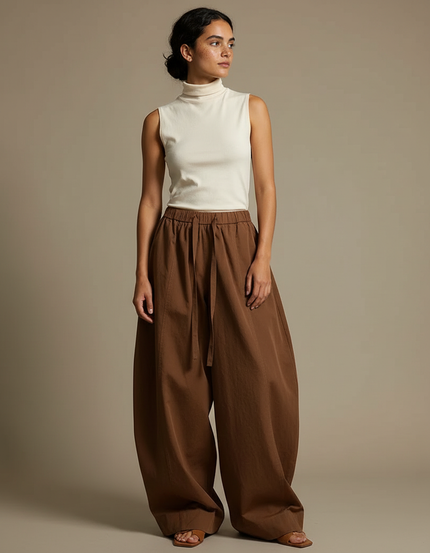 Pantalon Chino Marron Ample Taille Haute Fluide - Gabardine