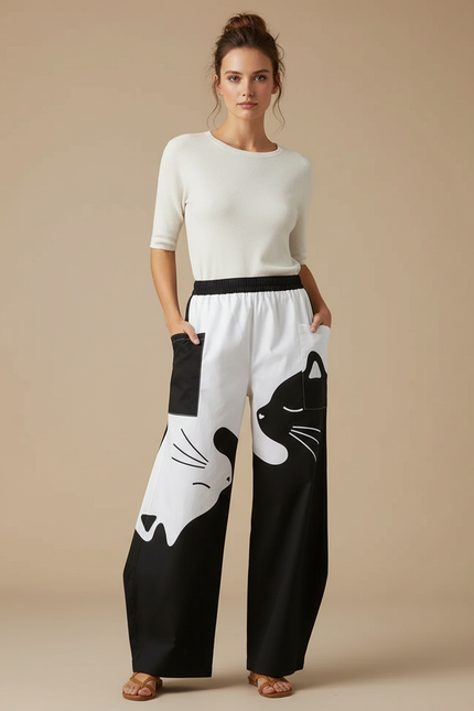 Pantalon Chino Ample Imprimé Chats Bicolore Décontracté - Coton