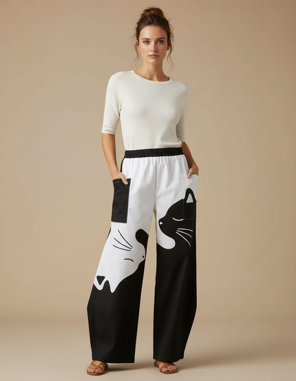 Pantalon Chino Ample Imprimé Chats Bicolore Décontracté - Coton