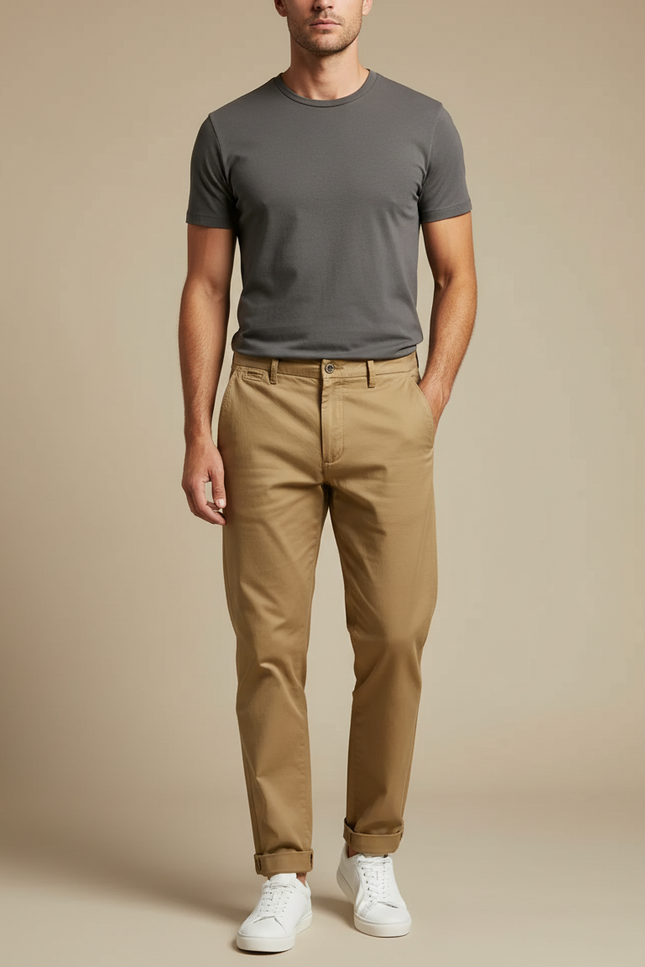 Pantalon Chino Kaki Coton Décontracté Droit Homme