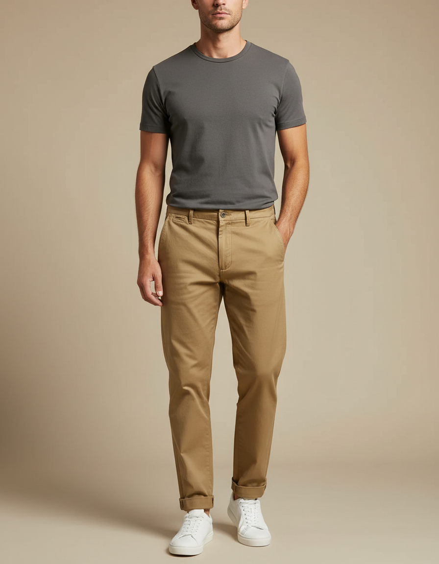 Pantalon Chino Kaki Coton Décontracté Droit Homme