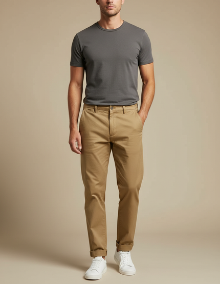 Pantalon Chino Kaki Coton Décontracté Droit Homme