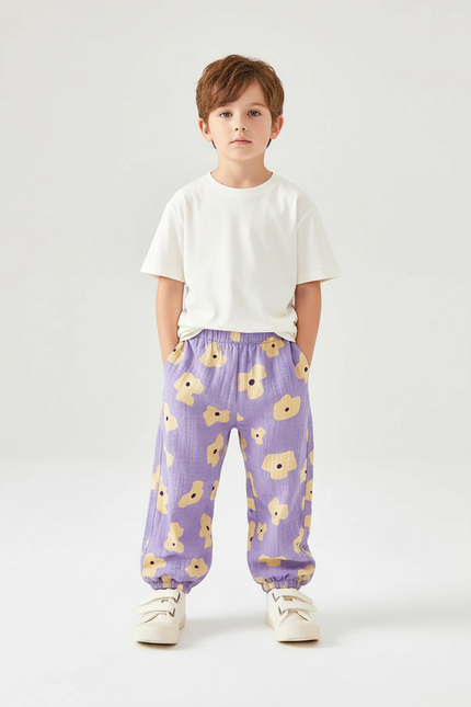 Pantalon Chino Violet Motif Floral Ample Coton Enfant