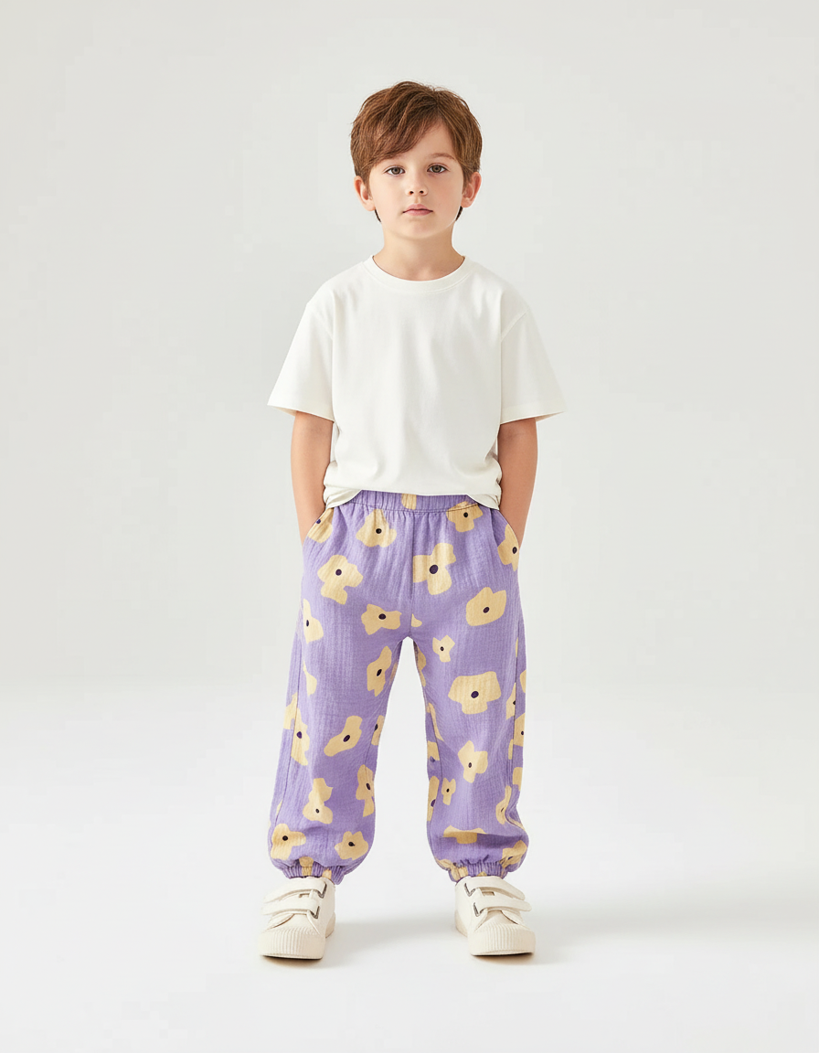 Pantalon Chino Violet Motif Floral Ample Coton Enfant
