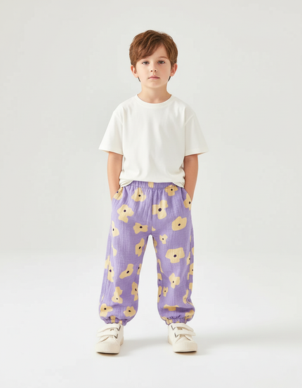Pantalon Chino Violet Motif Floral Ample Coton Enfant