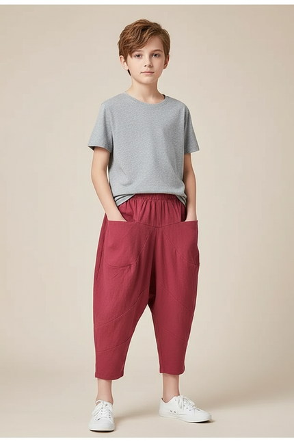 Pantalon Chino Rouge Ample Coton Décontracté Enfant - Bordeaux