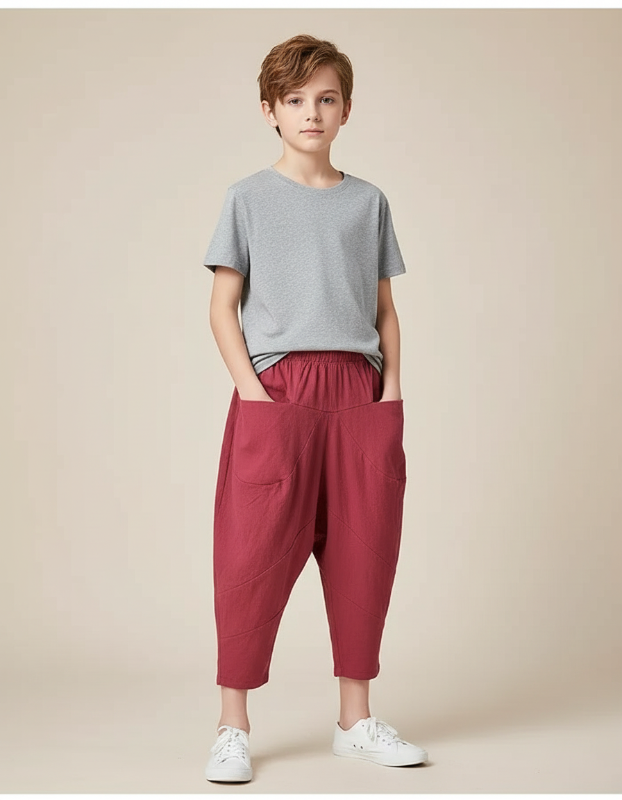 Pantalon Chino Rouge Ample Coton Décontracté Enfant - Bordeaux