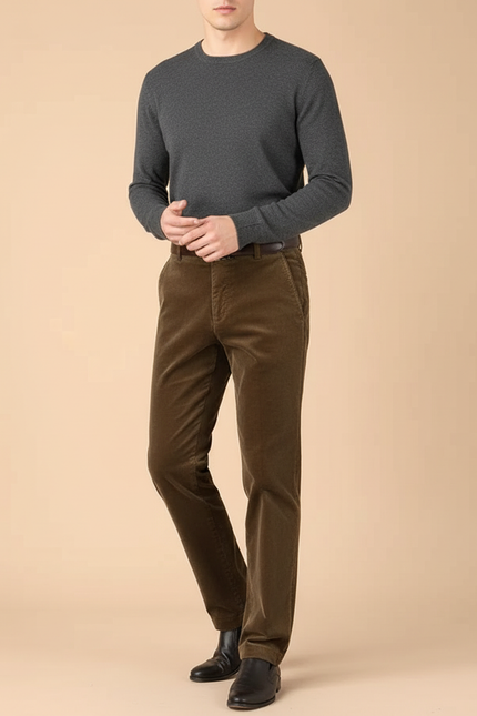 Pantalon Chino Velours Côtelé Marron Coupe Droite Classique Homme - Cordé