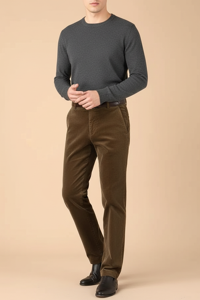 Pantalon Chino Velours Côtelé Marron Coupe Droite Classique Homme - Cordé