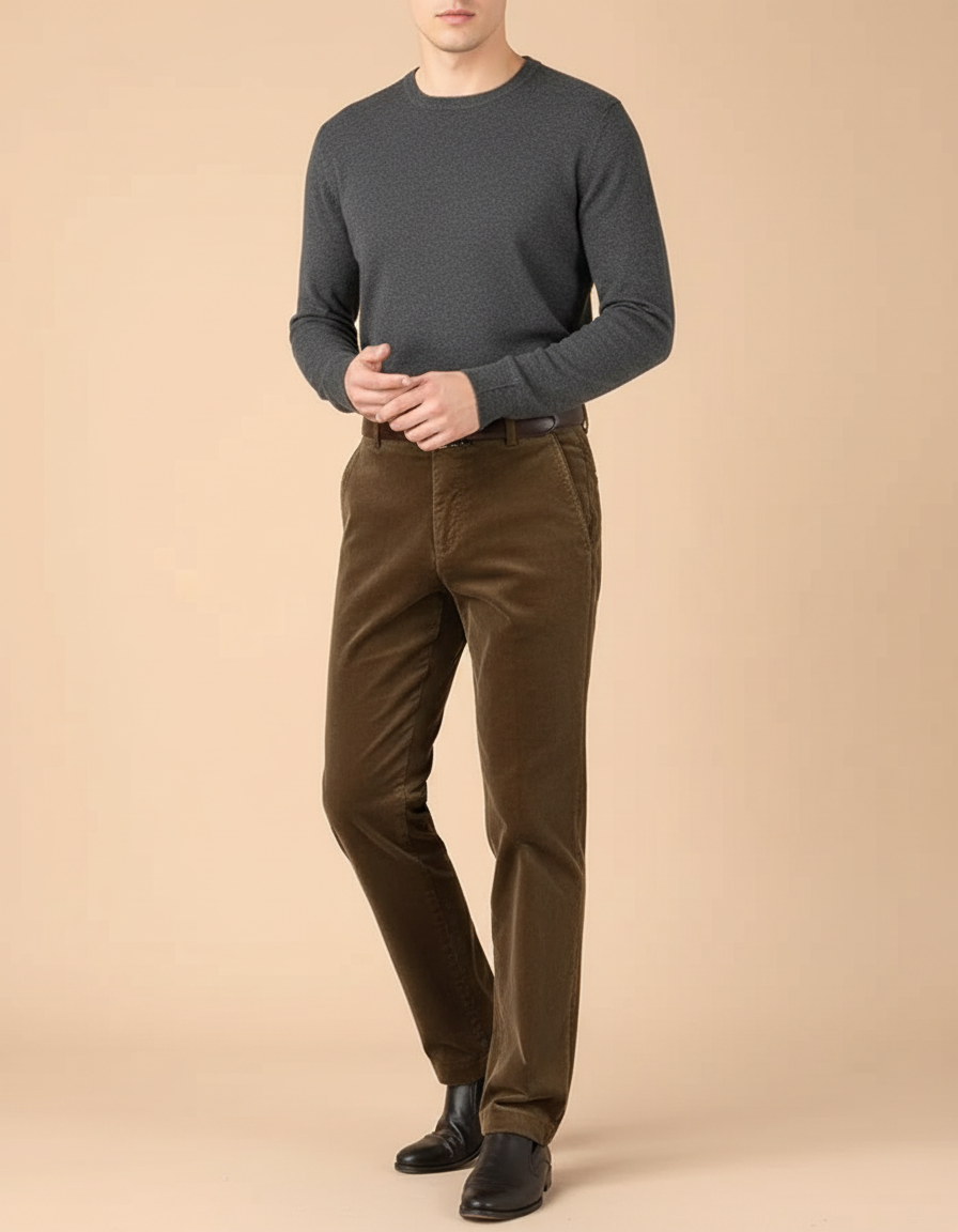 Pantalon Chino Velours Côtelé Marron Coupe Droite Classique Homme - Cordé