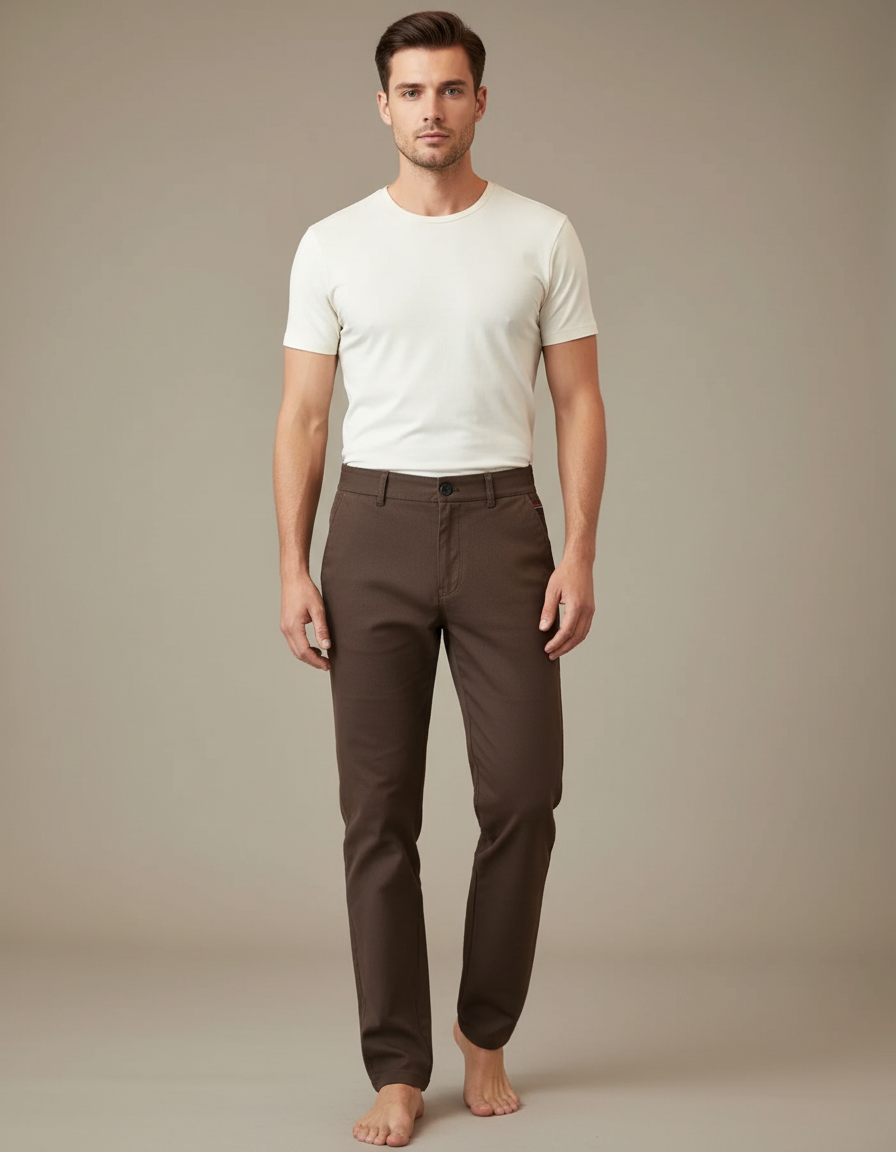 Pantalon Chino Marron Coton Droit Stretch Homme
