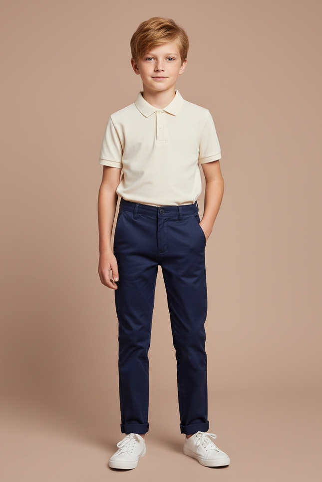 Pantalon Chino Bleu Marine Coton Coupe Slim Garçon - Gabardine