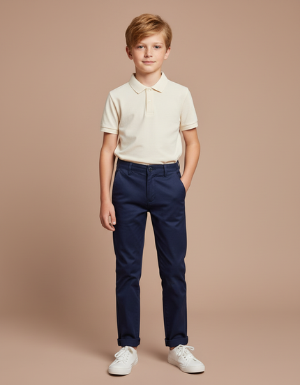 Pantalon Chino Bleu Marine Coton Coupe Slim Garçon - Gabardine