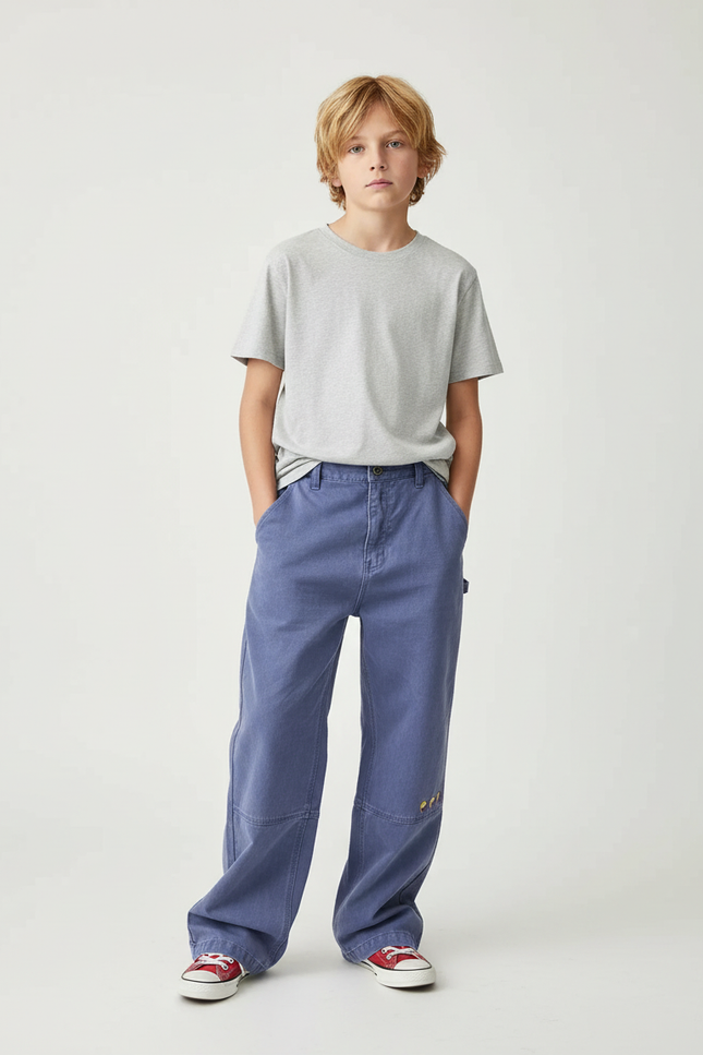 Pantalon Chino Bleu Ample Brodé Décontracté Garçon - Toile