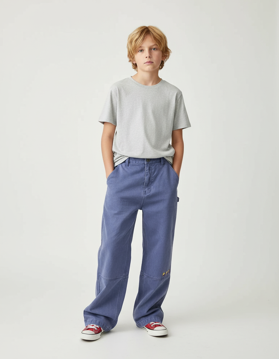 Pantalon Chino Bleu Ample Brodé Décontracté Garçon - Toile
