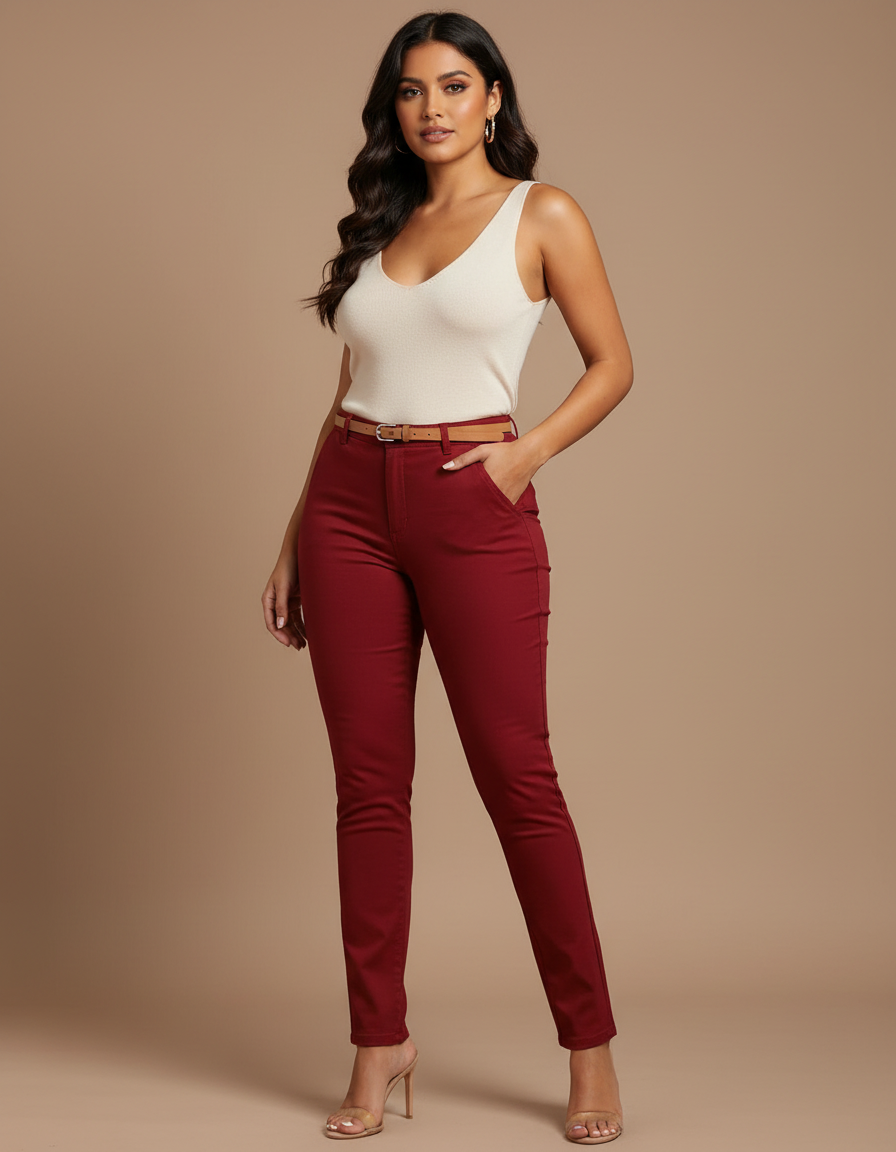 Pantalon Chino Femme Bordeaux Slim Confortable Élégant - Coton