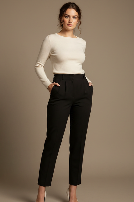 Pantalon Chino Noir Taille Haute Slim Cropped Élégant - Gabardine