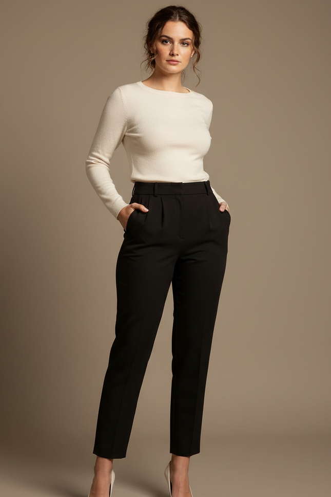 Pantalon Chino Noir Taille Haute Slim Cropped Élégant - Gabardine