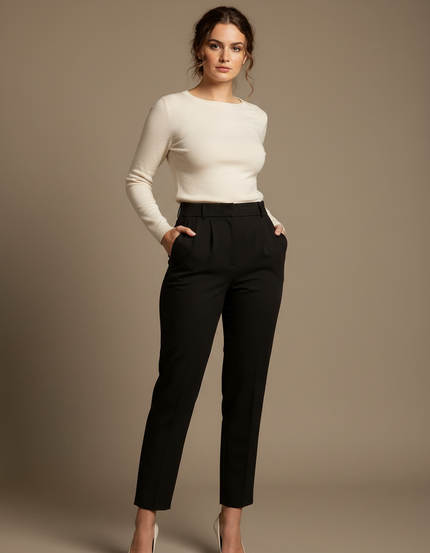 Pantalon Chino Noir Taille Haute Slim Cropped Élégant - Gabardine