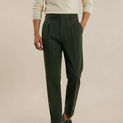Pantalon Chino Vert Kaki Plissé Décontracté Homme - Gabardine