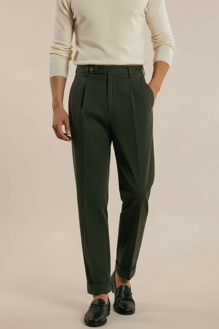 Pantalon Chino Vert Kaki Plissé Décontracté Homme - Gabardine